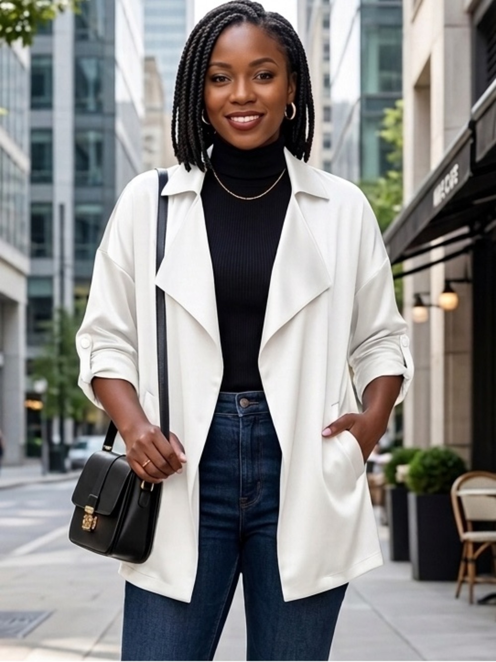 NWT Zegoo White Satin Blazer Jacket XL Open Front Roll Sleeve